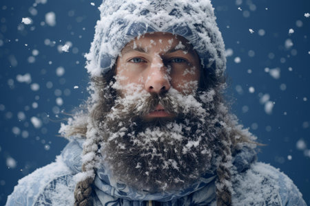 Close-up of a bearded man with frosty facial hair, enduring a heavy snowfallの素材