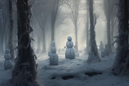 Vibrant Snowman winter forest. Frost smile scene. Generate Aiの素材