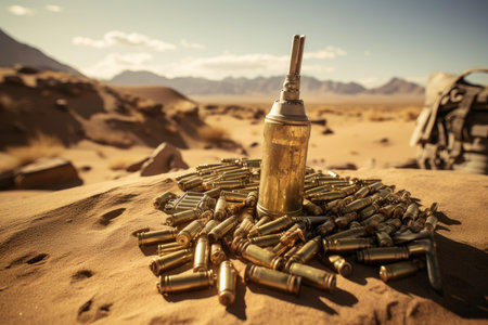 Worn military canteen stands on sand surrounded by scattered bullet shells with a backpack and mountains in the backgroundの素材