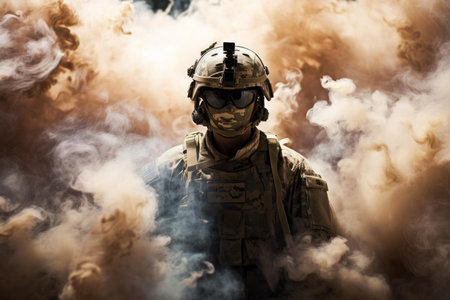 Strategic Soldier forces smoke. Weapon battle. Generate Aiの素材