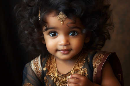 Cute little girl with sparkling eyes dressed in a gold-embroidered outfitの素材