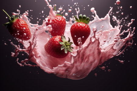 Three juicy strawberries captured mid-air as they create a dynamic splash in pink milk against a dark backgroundの素材