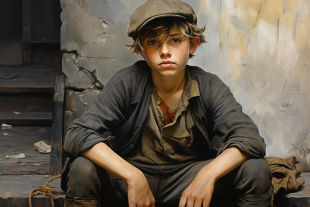 Thoughtful young boy dressed in old-fashioned clothes sits on the ground with a serious expressionの素材