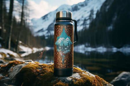 Vacuum flask with a mountain design rests on a moss-covered rock against a snowy forest backdropの素材
