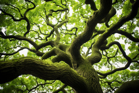 Upward view of a large tree with a dense canopy and twisted branches against the skyの素材