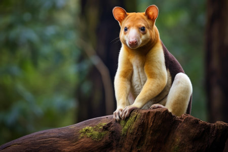 Tree kangaroo perches attentively atop a tree trunk in a lush natural environmentの素材