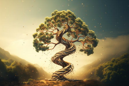 Artistic representation of a twisted tree with lush foliage in an enchanting forest settingの素材