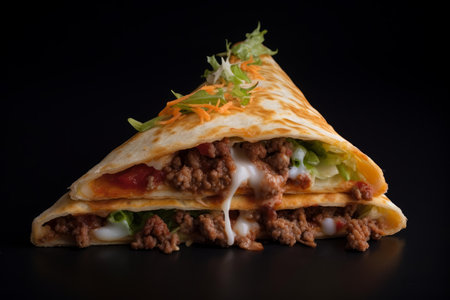 Delicious beef quesadilla with melted cheese, fresh lettuce, and tomato, isolated on a dark backdropの素材