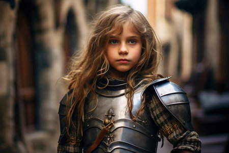 Determined Medieval knight child girl. Cute person. Generate Aiの素材
