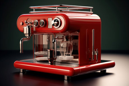 Sleek, red espresso coffee machine isolated on a moody, dark background with elegant design elementsの素材