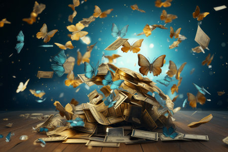 Surreal image of money and butterflies in a mystical whirlwindの素材
