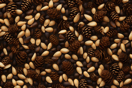 Top-down view of a patterned arrangement of pine cones and nuts ideal for fall themesの素材