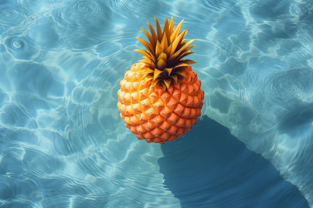 Vibrant pineapple drifts serenely on a tranquil blue pool surfaceの素材