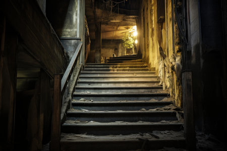 Eerie night shot of a dilapidated staircase in an abandoned building with haunting lightingの素材