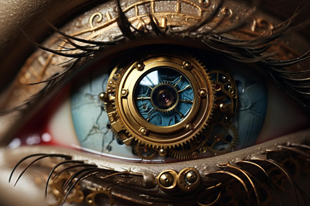 Mechanical Steampunk eye closeup. Punk cinema. Generate Aiの素材