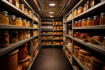 Home pantry filled with shelves of canned goods and food staples, neatly organizedの素材