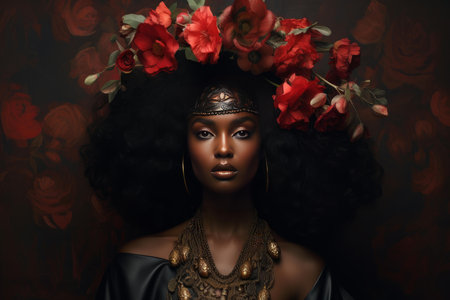 Elegant portrait of a woman with a stunning floral headpiece on a dark backdropの素材