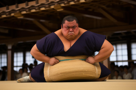 Focused sumo wrestler crouches in a dojo, preparing for a traditional japanese wrestling matchの素材
