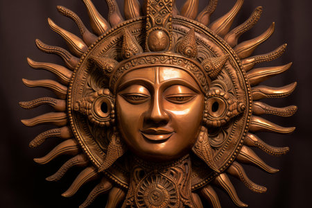 Elegant wall sculpture of a sun deity with intricate metallic detailsの素材