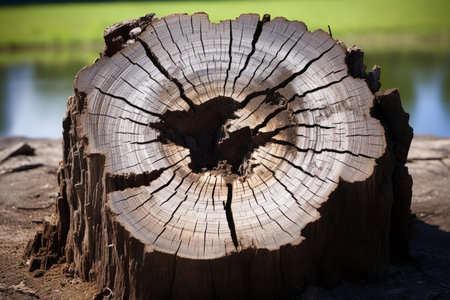 Close-up of a weathered tree stump with concentric rings and a cracked surfaceの素材