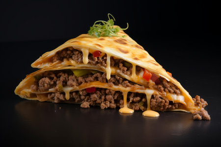 Mouthwatering beef quesadilla with melted cheese and diced vegetables, presented on a black surfaceの素材