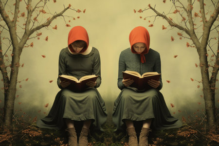 A serene image of a woman in a red hat immersed in a book surrounded by autumnal natureの素材
