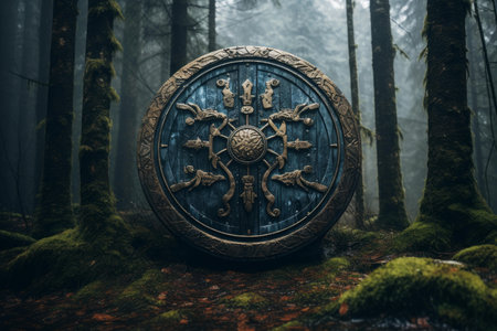 Norse shield with intricate designs rests in a foggy, mystical forest, evoking ancient legendsの素材