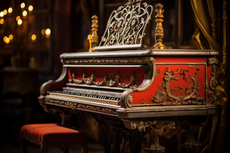Classical red and gold piano set against a warm, softly lit background, exuding elegance and historyの素材