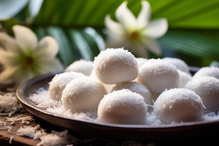 Close-up of white coconut sweets on a plate, adorned with fragrant tropical plumeria flowersの素材