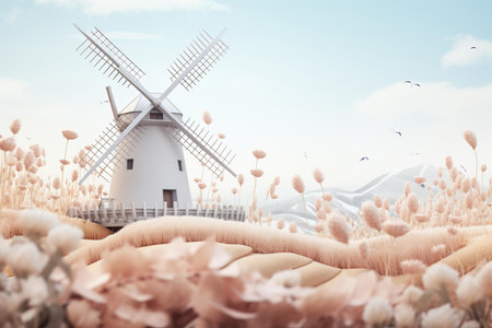 Picturesque windmill stands amidst a dreamy field with fluffy foliage and a pastel skyの素材