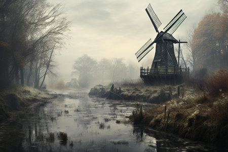 Serene landscape with a classic windmill beside a calm river, shrouded in morning mistの素材