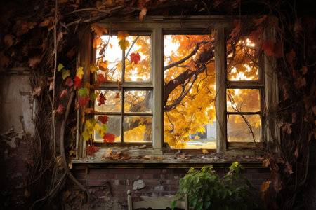 Scenic view of autumn leaves through a dilapidated window in an abandoned buildingの素材