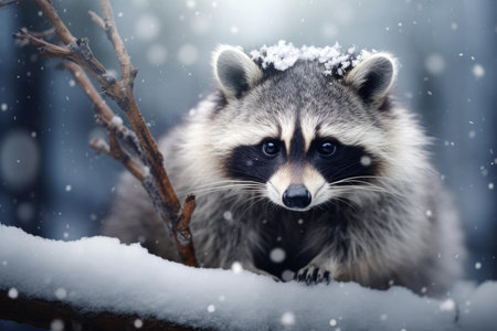 Up close portrait of a cute and curious wild raccoon staring peacefully in its snowy woodland habitatの素材