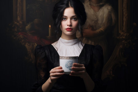 Portrait of a young woman in victorian attire holding a porcelain tea cup, with subtle candle illuminationの素材