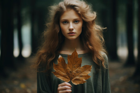 Ethereal young woman in a forest clasping a large maple leaf, embodying the essence of fallの素材