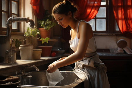 Tranquil morning kitchen scene with a woman washing dishes in the warm sunlight of a rustic, vintage, and retro interior, creating a peaceful and serene ambianceの素材