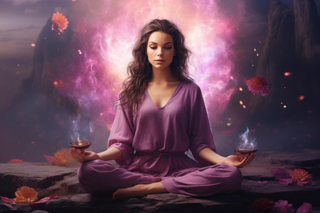 Serene woman meditates with glowing cosmic energy and floating mystical flowers around herの素材