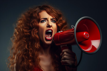 Intense young woman with red curly hair loudly expressing her voice through a megaphone on a dark backgroundの素材