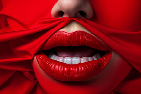 Close-up of womans lips with vibrant red lipstick, partially covered by flowing silk fabricの素材