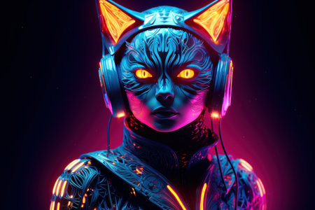 Futuristic cyberpunk style woman with cat features and glowing neon headphones in a dark settingの素材