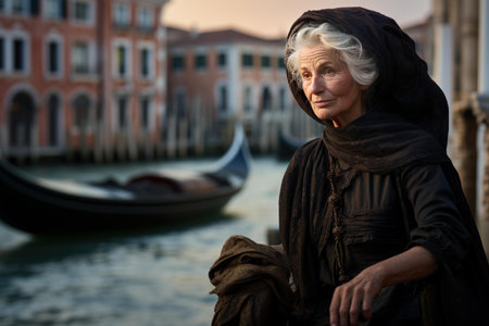 Portrait of a graceful senior woman in traditional attire by a venetian canal with gondolasの素材