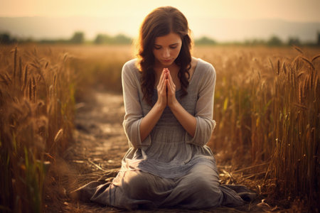 Woman meditating peacefully in a tranquil wheat field at sunsetの素材