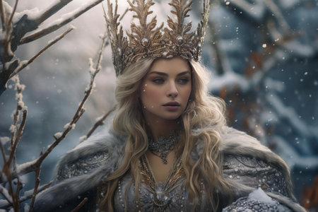 Enigmatic winter queen adorned with a crown poses in a mystical snow-covered forestの素材