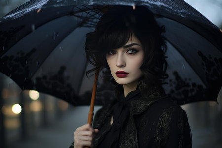 Elegant woman holding an umbrella on a misty street, exuding a sense of mysteryの素材