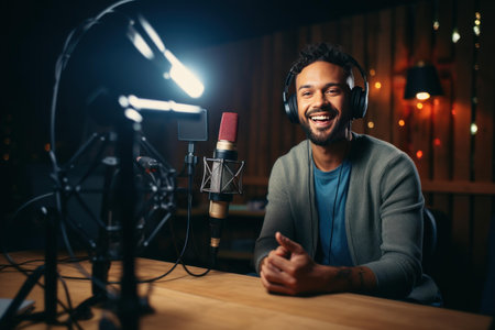Cheerful man with headphones speaking into a microphone in a professional podcast recording setupの素材