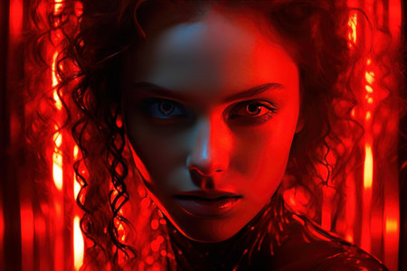 ** portrait of a woman with curly hair illuminated by atmospheric red neon light, creating a mysterious vibe. **の素材