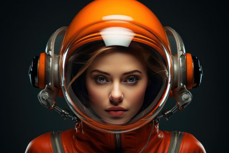 Striking portrait of a young woman in an astronaut suit and helmet against a dark backgroundの素材