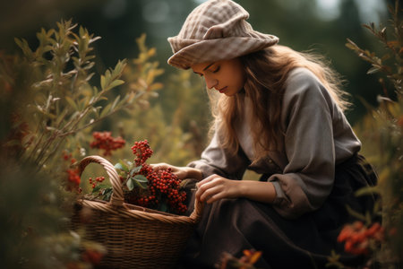 Serene scene of a woman in vintage clothing collecting red berries in a wicker basket amidst an autumnal forestの素材