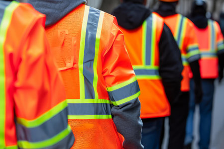 Group of workers wearing reflective orange and yellow safety vests for occupational safetyの素材