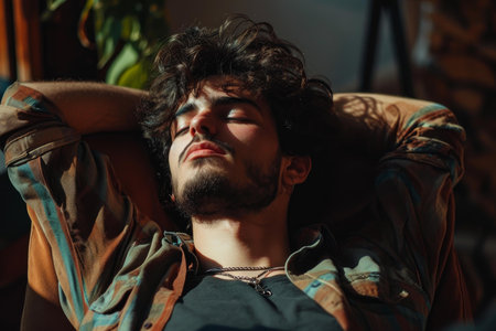 Portrait of a young man with eyes closed basking in the warm sunlight inside a roomの素材